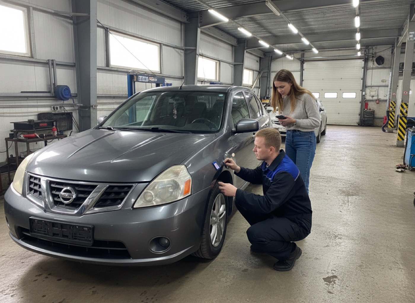 Мастер замеряет толщину краски на подержанном Nissan перед покупкой