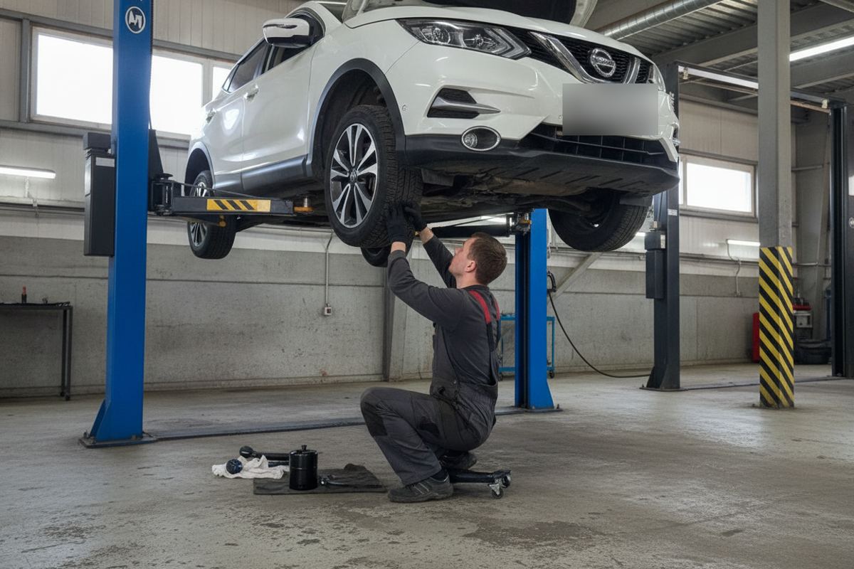 Nissan Qashqai J11 на подъёмнике во время ТО в цехе NNService