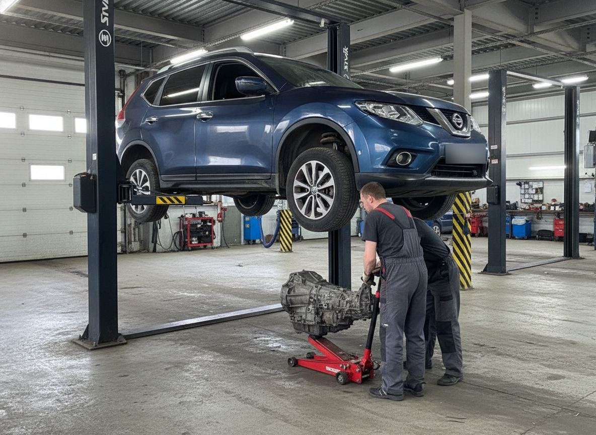 Снятие механической коробки Nissan X-Trail для замены сцепления