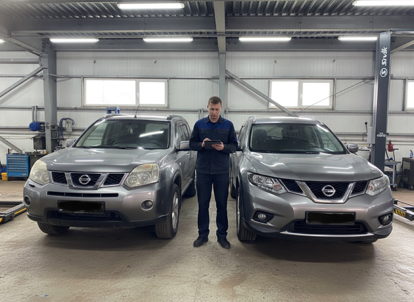 Два Nissan X-Trail разных поколений в цехе NNService, мастер сверяет историю обслуживания